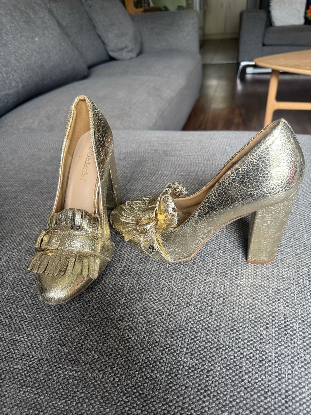 Shoe Dazzle Metallic Gold Fringe Block Heel Pumps